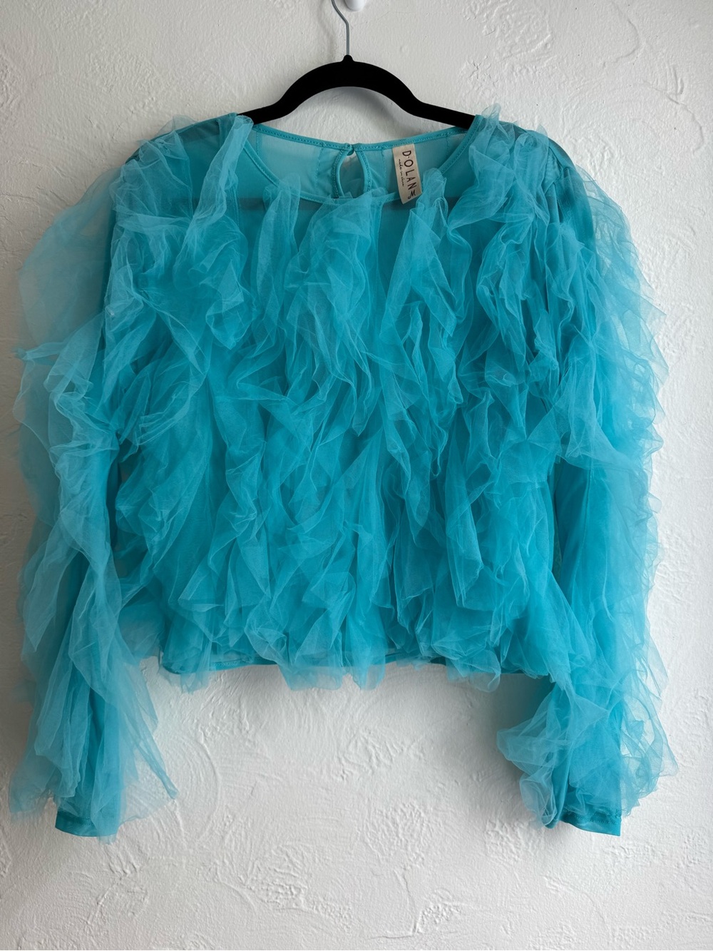 Dolan Left Coast Mesh Ruffle Top in Blue Size Medium Sheer Statement Maximalist